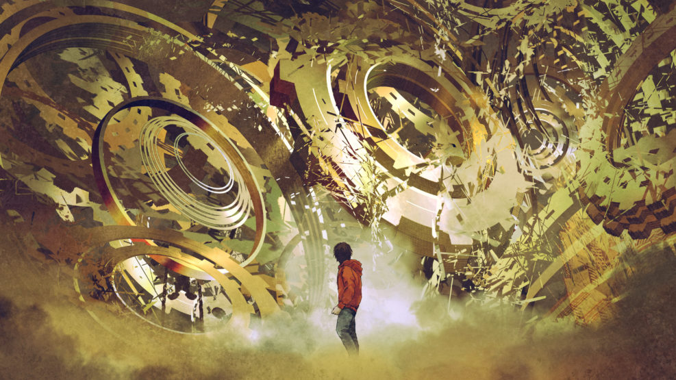 boy standing and looking at broken golden gear wheels, digital art style, illustration painting