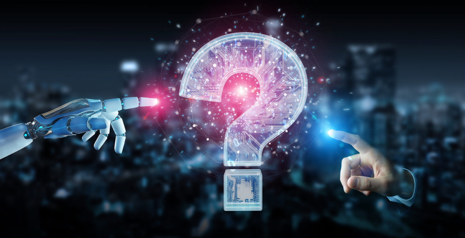 Cyborg solving problem with digital question marks 3D rendering