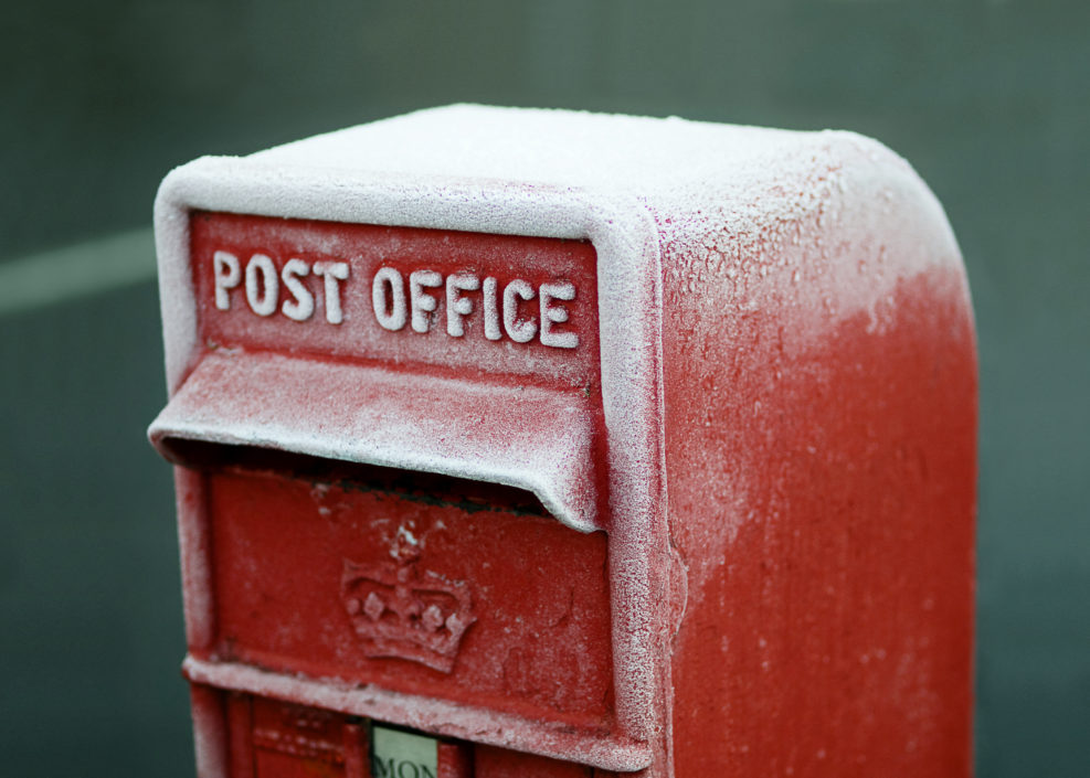 Frozen British traditional post office mailbox