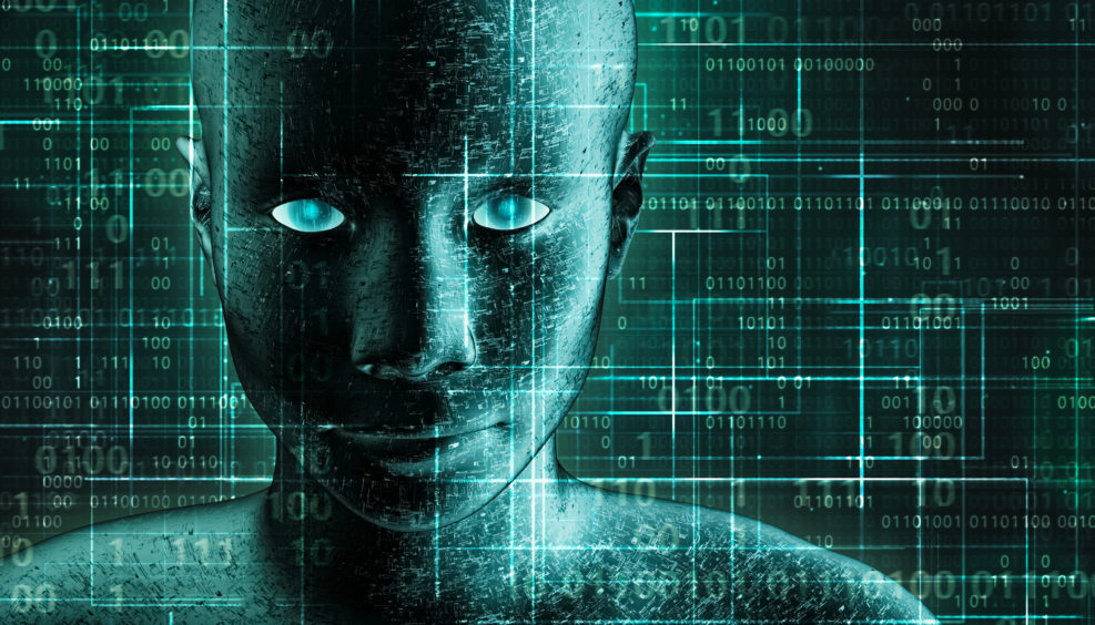 Futuristic and sci-fi human android portrait with pcb metallic skin and binary code green background. AI, IT, technology, robotics, science, transhumanism 3D rendering illustration concepts.