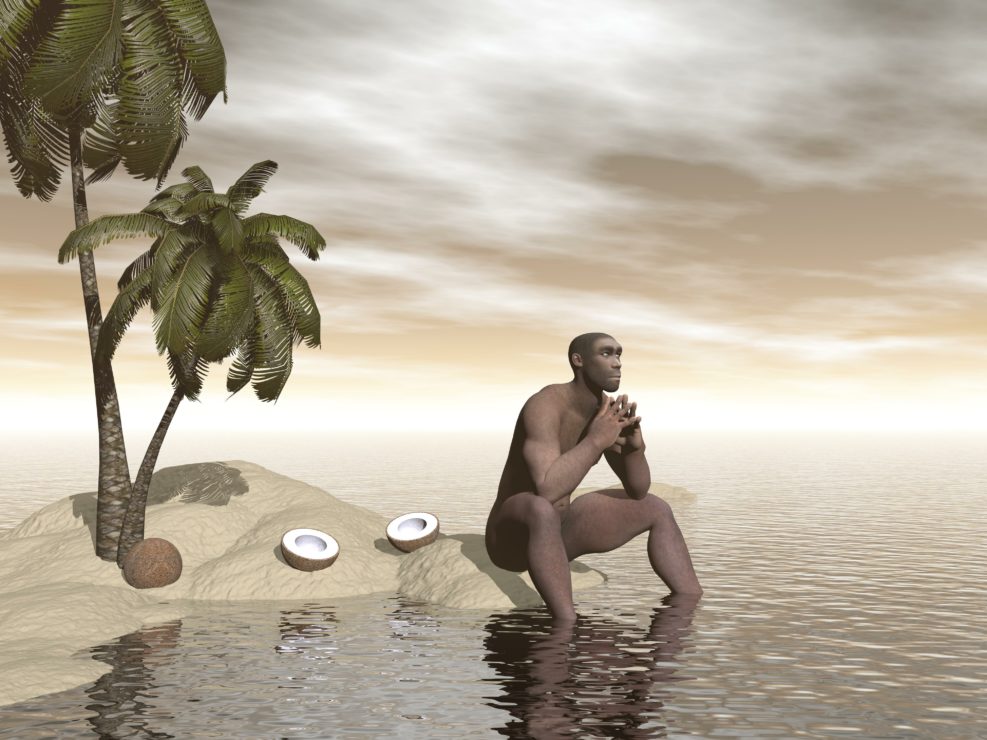 Homo erectus thinking alone - 3D render