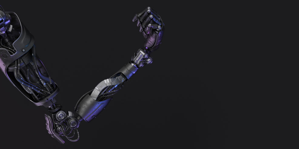 Prosthetic robotic arm with palm in fist, 3d rendering on black background