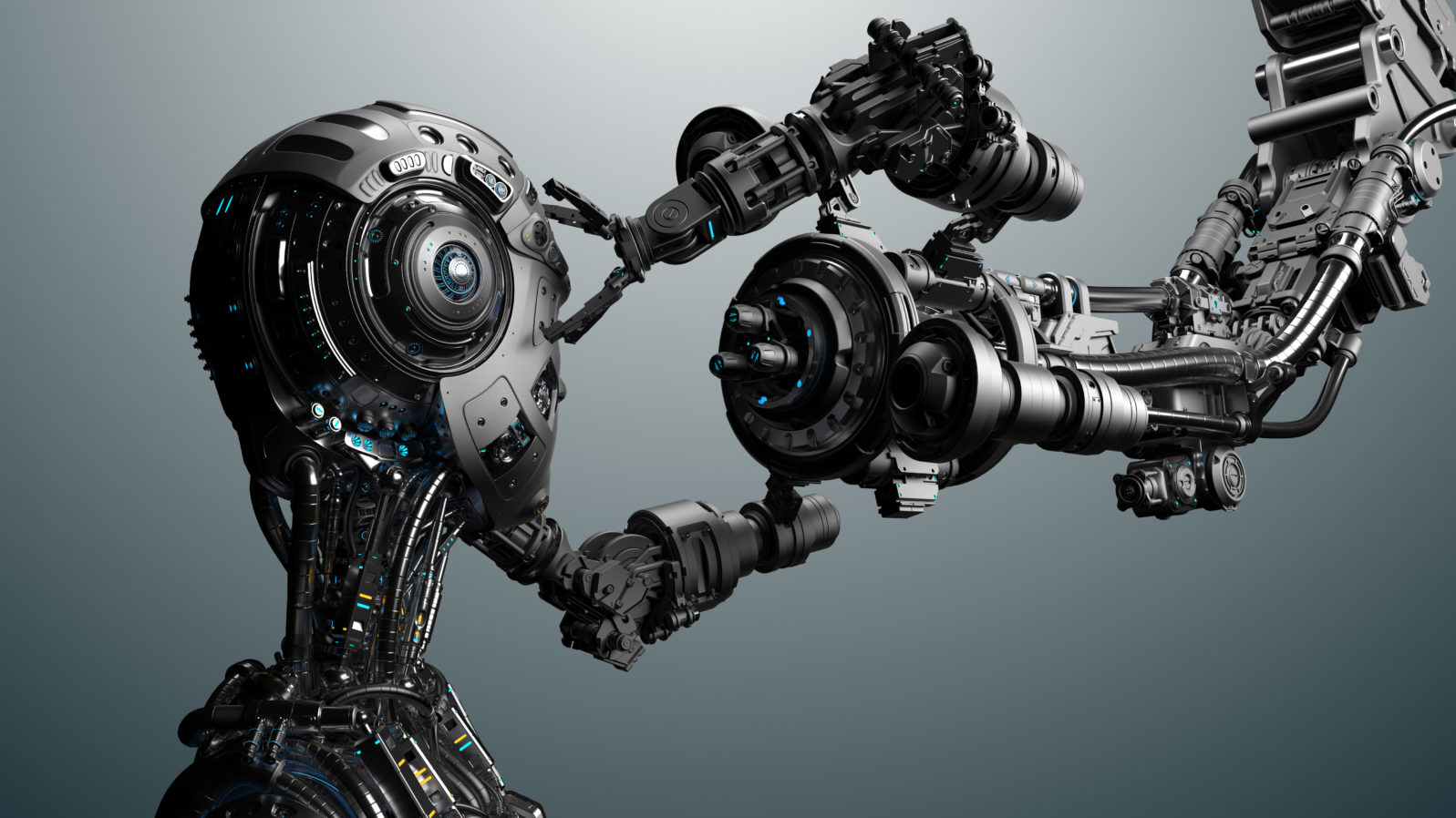 Futuristic robot man being constructed by robotic arm or cyborg under construction. Isolated on background. 3D illustration.