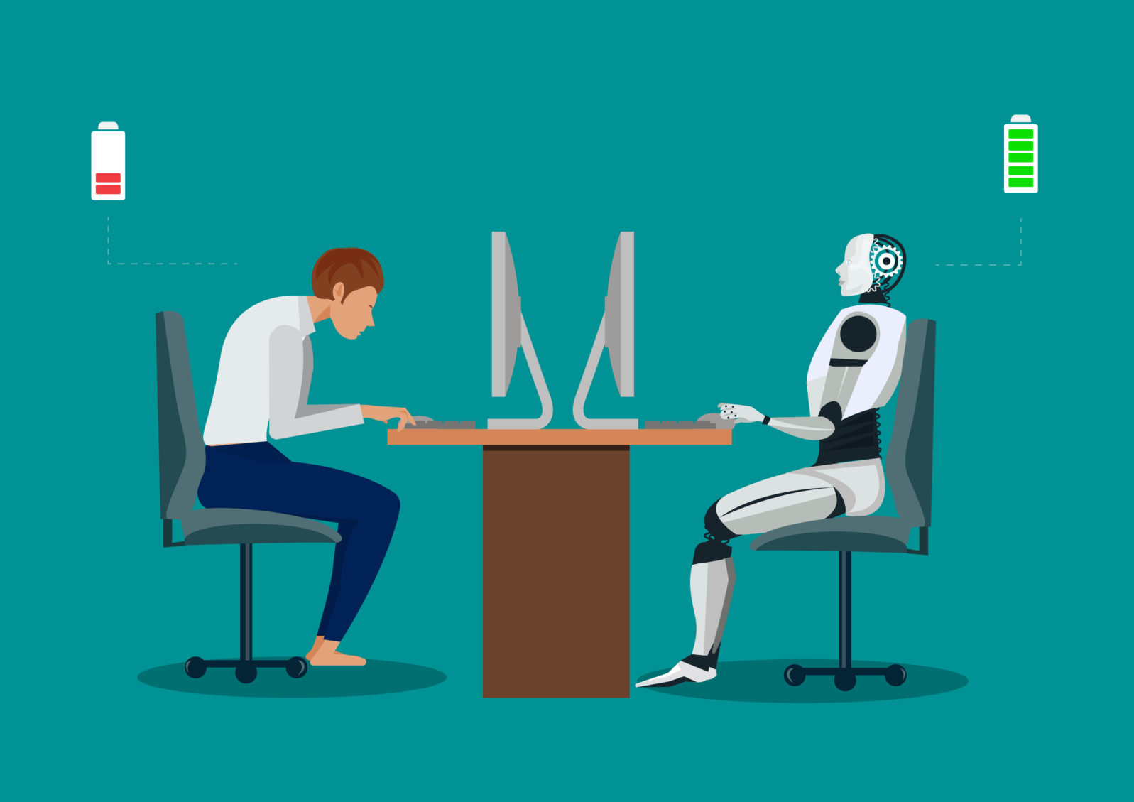 Robot vs man. Human humanoid robot work with laptops at desk.