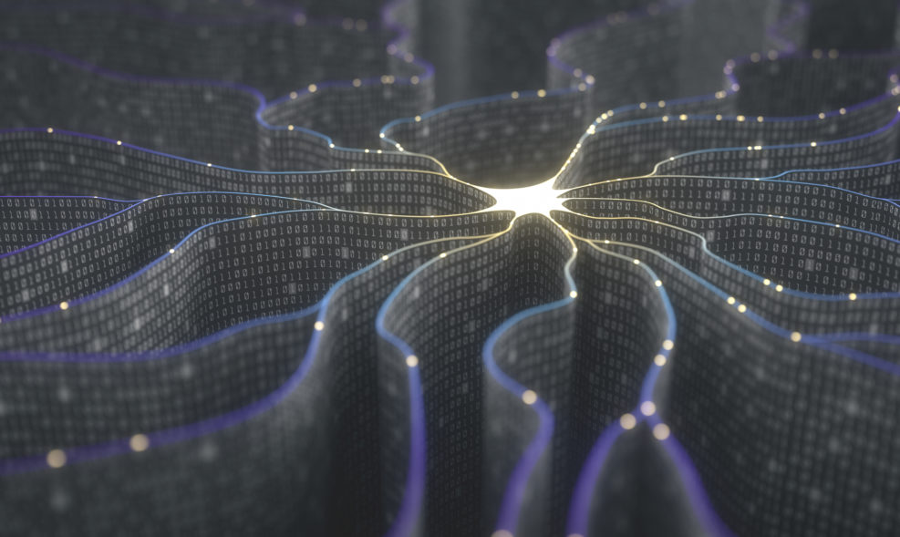 Artificial neuron in concept of artificial intelligence. Wall-shaped binary codes make transmission lines of pulses and/or information in an analogy to a microchip.