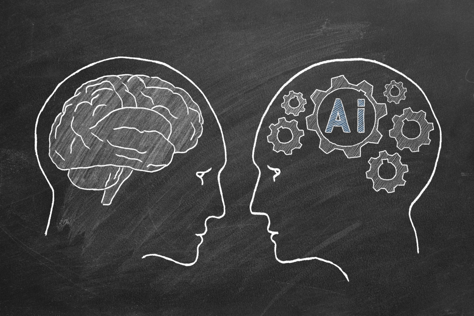 Human intelligence vs artificial intelligence. Face to face. Duel of views. Animated illustration on a school blackboard.