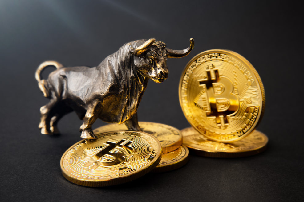 Bull figurine standing on bitcoins, concept of cryptocurrencies