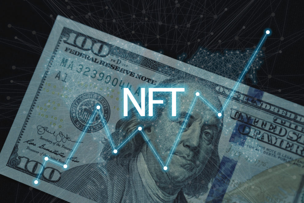 Concept cryptographic NFT. Blockchain network, cryptographic non-fungible tokens. NFT with a network and a growing schedule, search. New technologies, financial schedule, future concept, banknotes