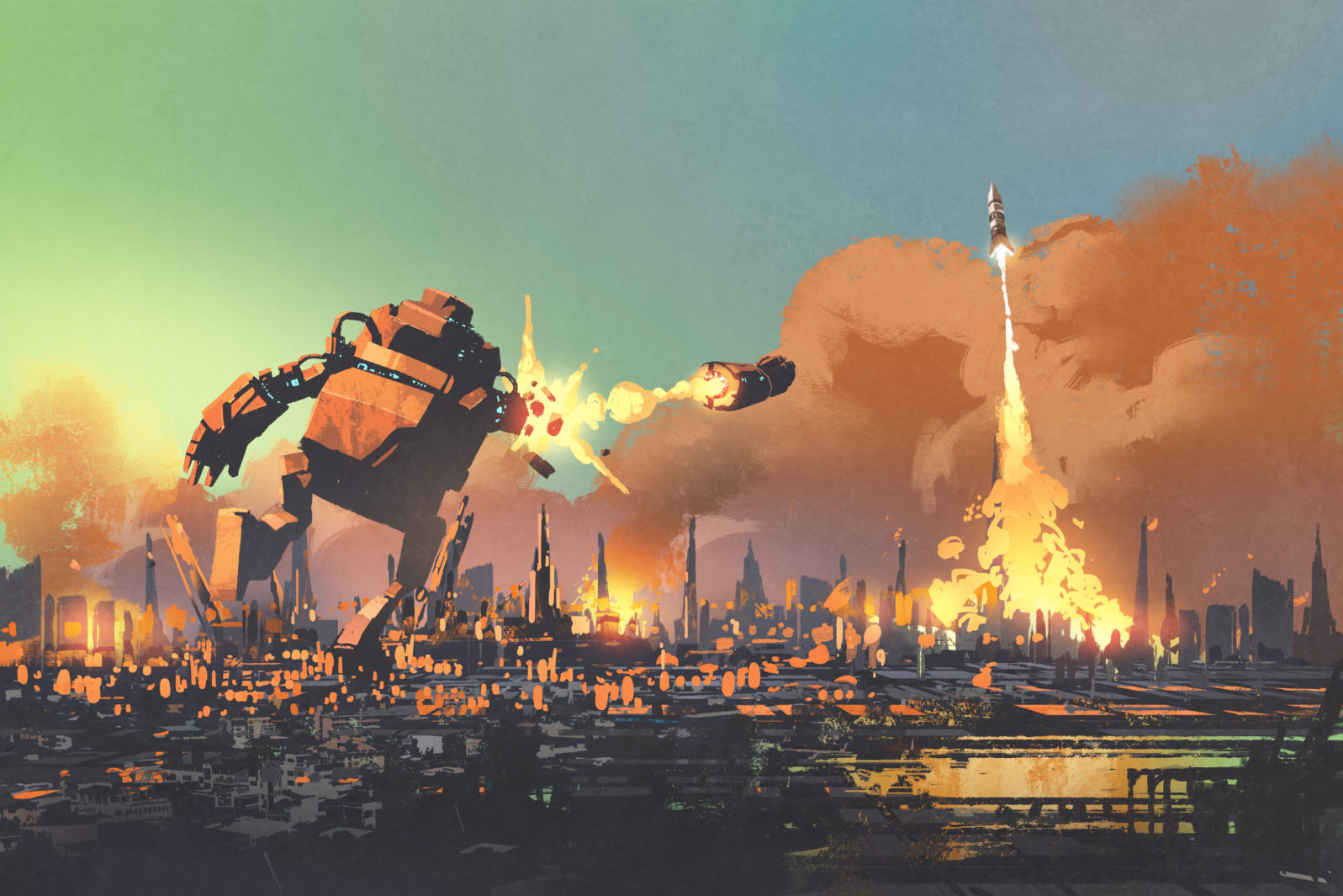 the giant robot launching rocket punch destroy the city,illustration painting