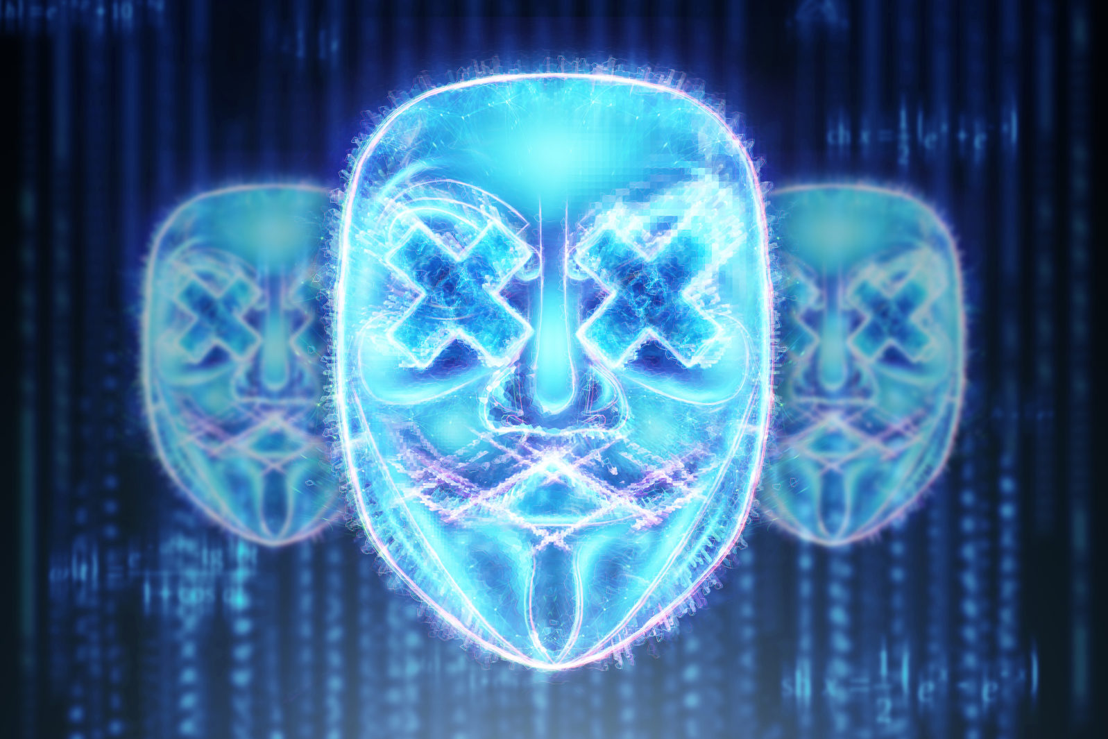 Holograms of masks, Hackers hiding behind digital anonymous masks, fake accounts. Concept for internet crime, fraud, cyber attack, spam, electronic theft. 3D illustration, 3D render