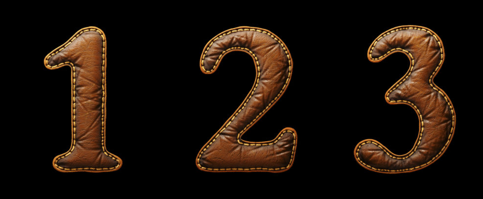 Set of numbers 1, 2, 3 made of leather. 3D render font with skin texture isolated on black background.
