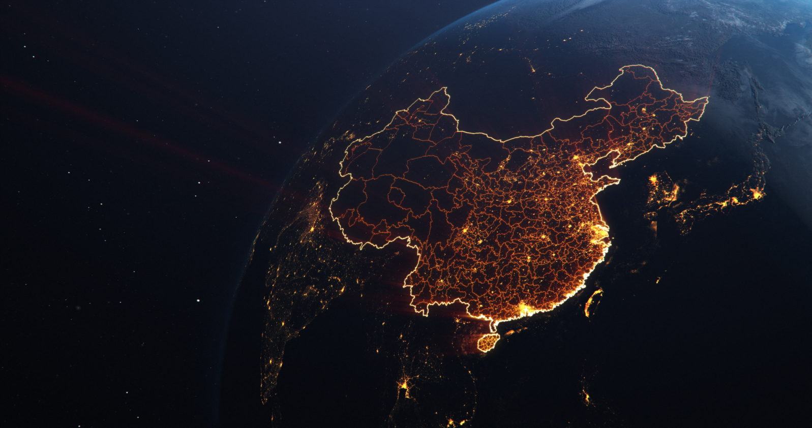 Planet Earth from Space, People's Republic of China warm glow highlighted state borders and counties animation, city lights, 3d illustration