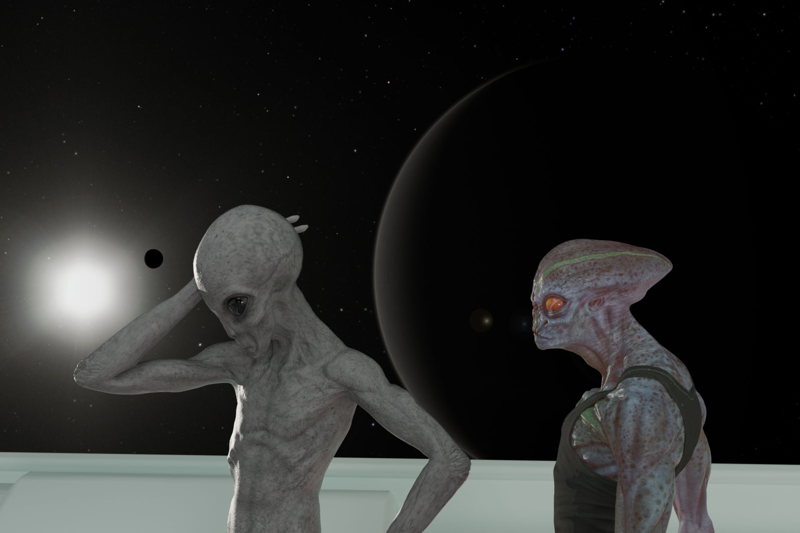 Illustration of two different aliens talking inside a spaceship with a dark planet sun and moon in outer space in the background.
