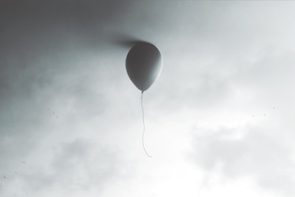 illustration of balloon flying at the end of the sky, surreal minimal concept