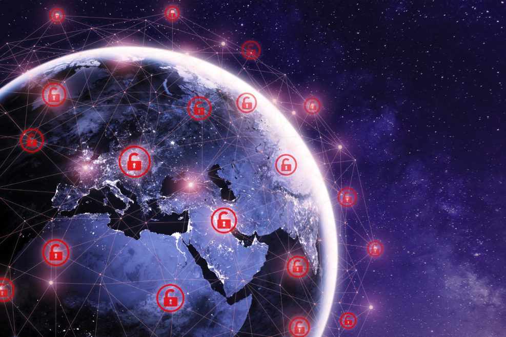 Global cyber attack around the world with planet Earth viewed from space and internet network communication under cyberattack with red icons, worldwide propagation of virus online