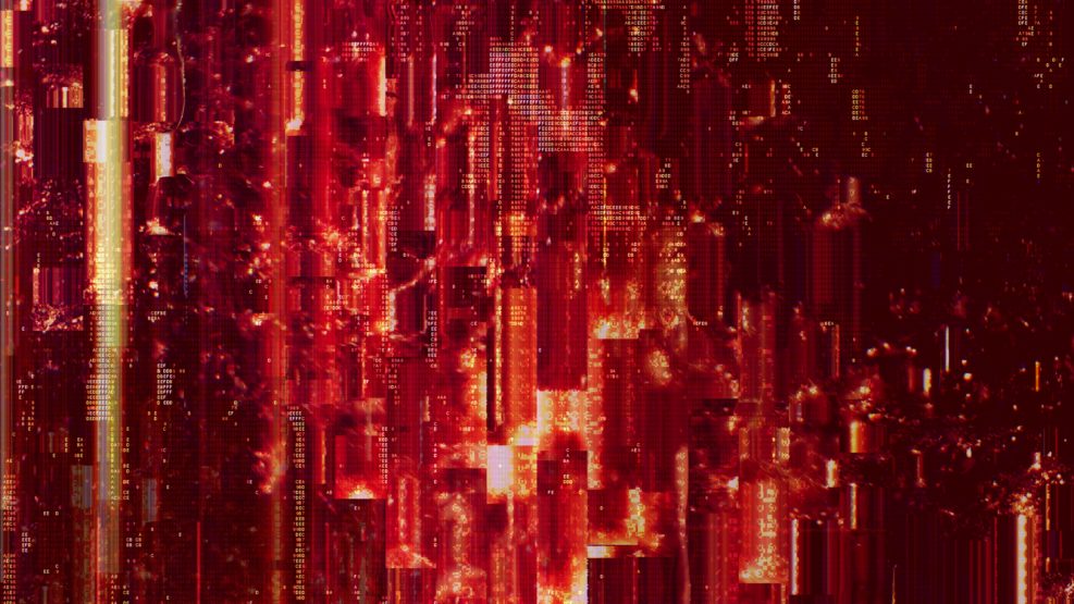 Hypnotic abstract red digital code cyber glitch background 3D illustration. Psychedelic stylish artificial intelligence backplate with block graphics and code fragments depicting a computer hack.