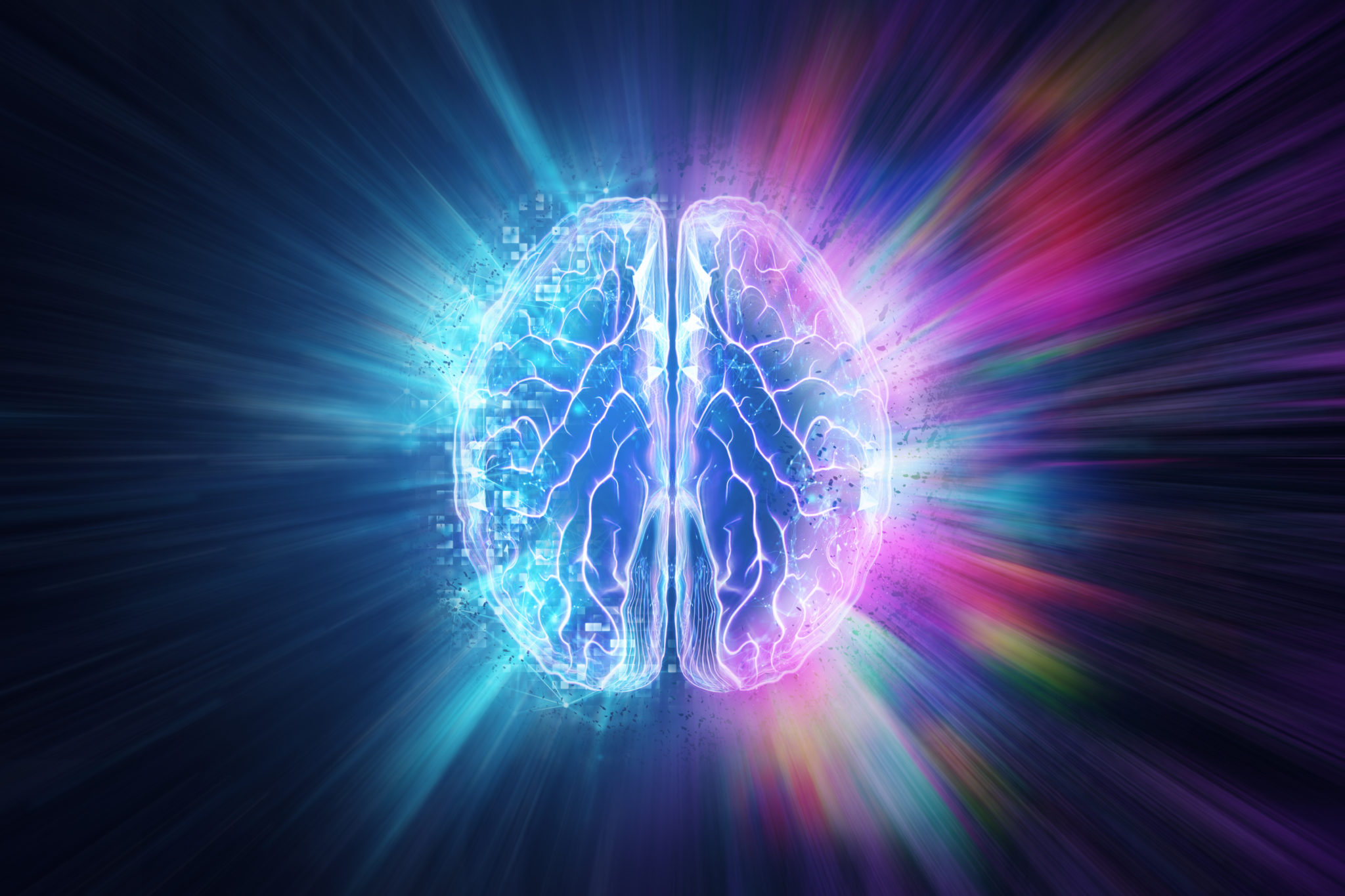 Creative background, the human brain on a blue background, the hemisphere is responsible for logic, and responsible for creativity. of different hemispheres of the brain, 3D illustration, 3D render