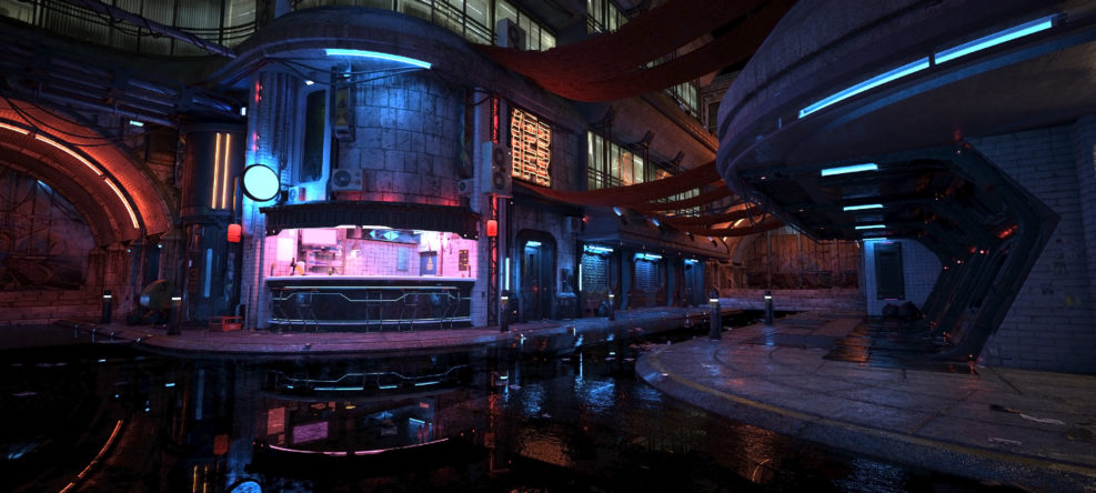 Neon night in a futuristic city. Photorealistic 3D illustration. Wallpaper in a cyberpunk style. Empty street with neon lights reflecting in a water. Beautiful night cityscape. Grunge urban landscape.