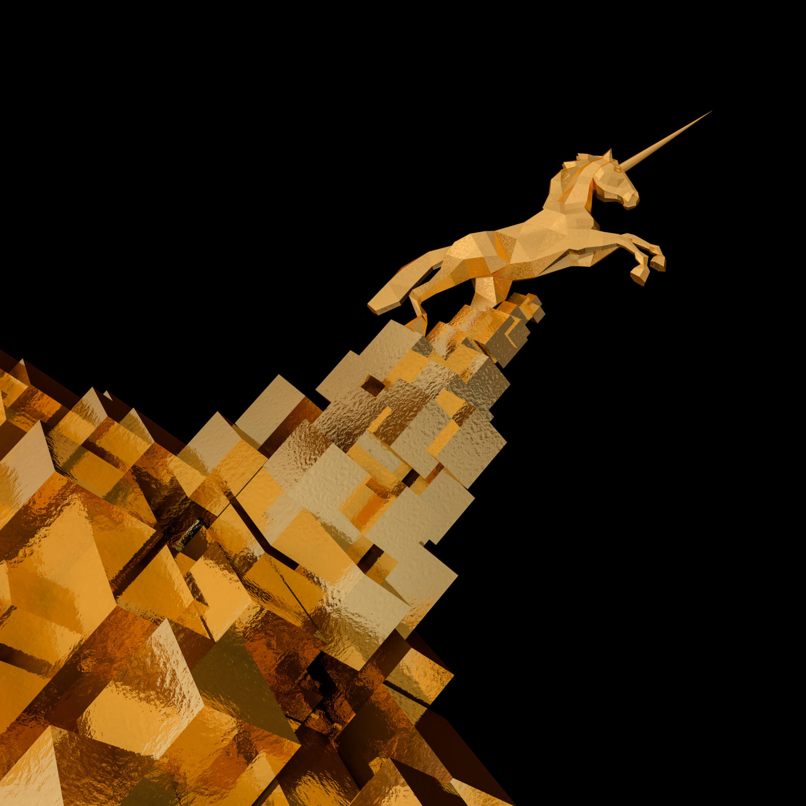 unicorn on gold cube mountain . start up, illustration concept of leader on a market.3d rendering. 3d illustration.
