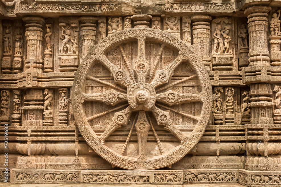 A chariot wheel at the sun temple at Konark.