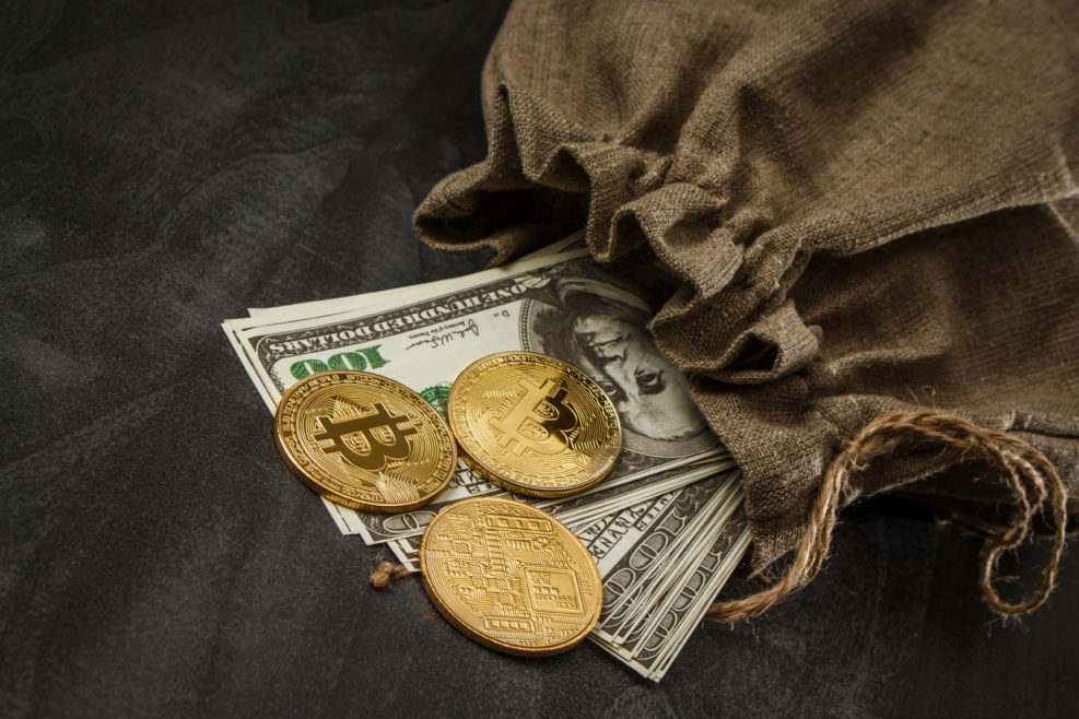 Gold coins in the form of bitcoin on a bag with dollars