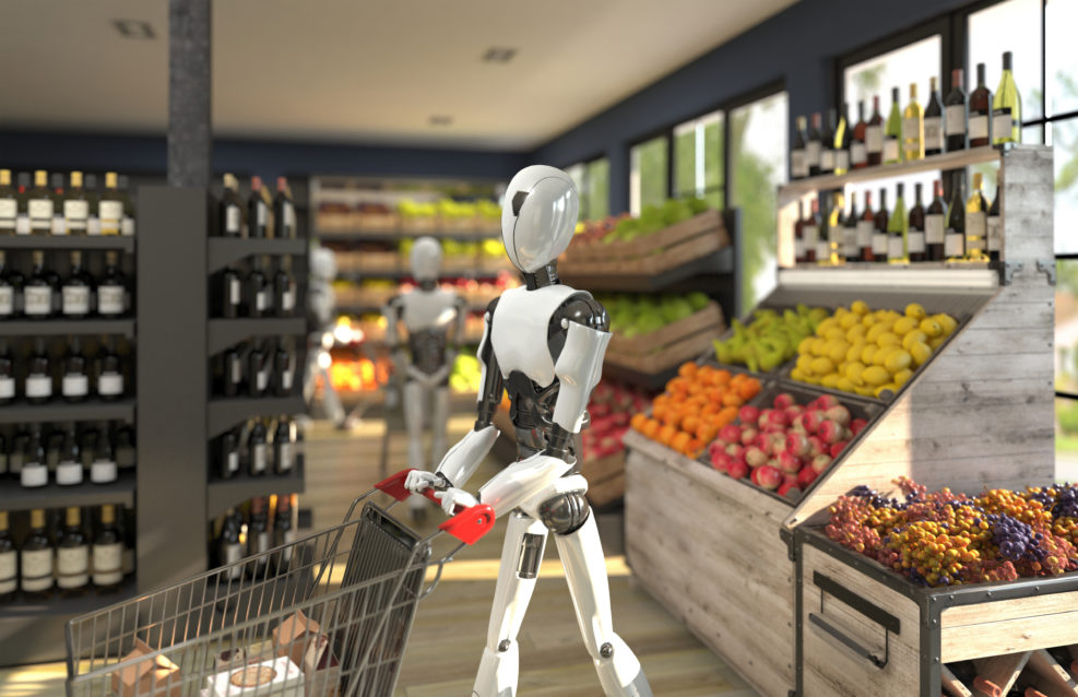 A humanoid robot with a shopping trolley is shopping at a grocery store. Future concept with robotics and artificial intelligence. 3D rendering.