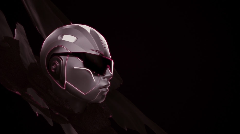 AI Cyberpunk Konzept: Transhuman / Cyborg Kopf mit Sonnenbrille; Neon beleuchtet + leuchtend | 3D Render Illustration [4K]
