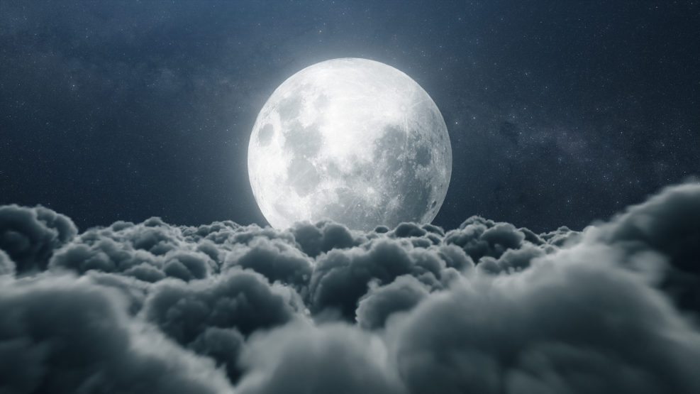 Beautiful realistic flight over cumulus lush clouds in the night moonlight. A large full moon shines brightly on a deep starry night. Cinematic scene. 3d illustration