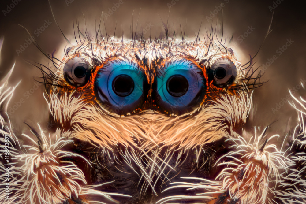 Extreme magnification - Jumping spider portrait, front view