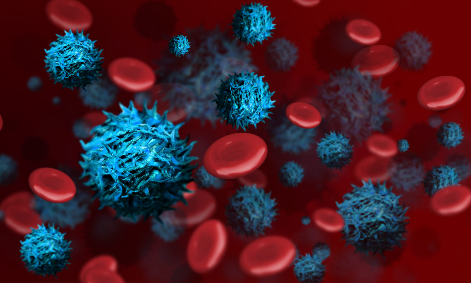 Illustration of red blood cells with cancer cells.