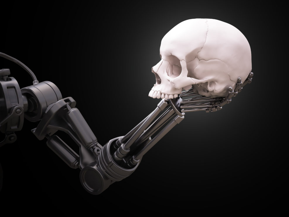 Robot arm with a human skull