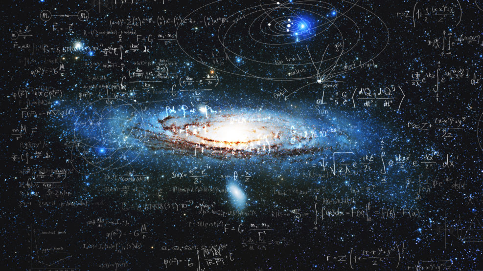 Science and research of the universe, spiral galaxy and physical formulas, concept of knowledge and education