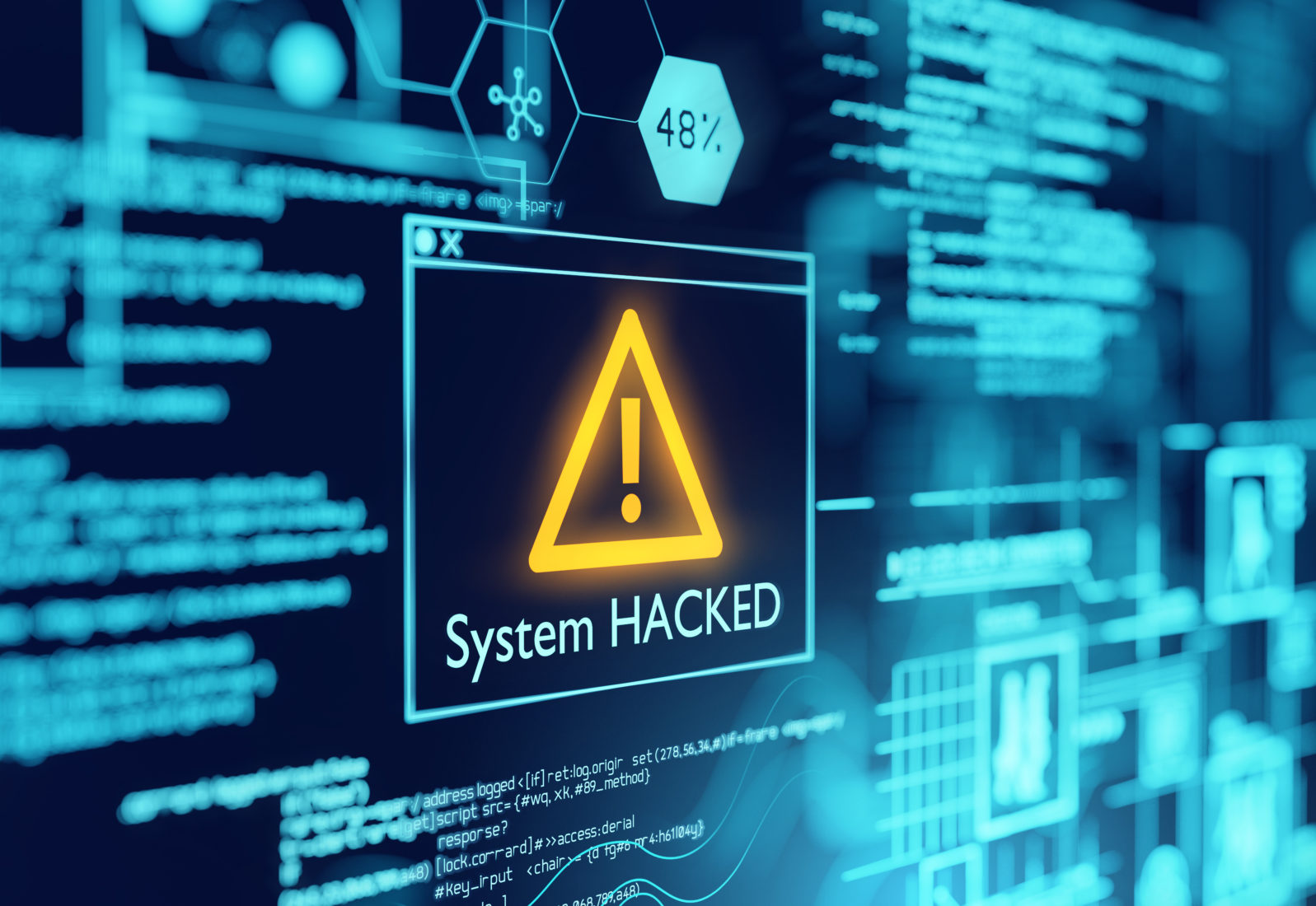 A computer popup box screen warning of a system being hacked, compromised software environment. 3D illustration.