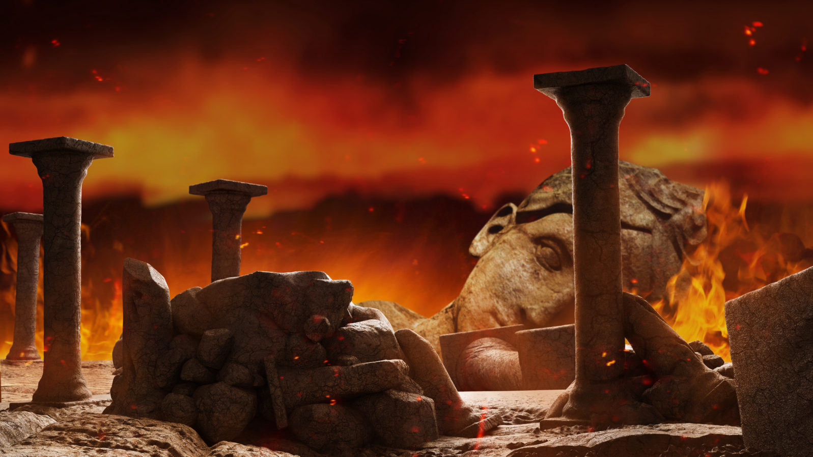 3d render background illustration of ancient greek temple ruins with female goddess statue, rocks and columns burning on dark war backdrop.