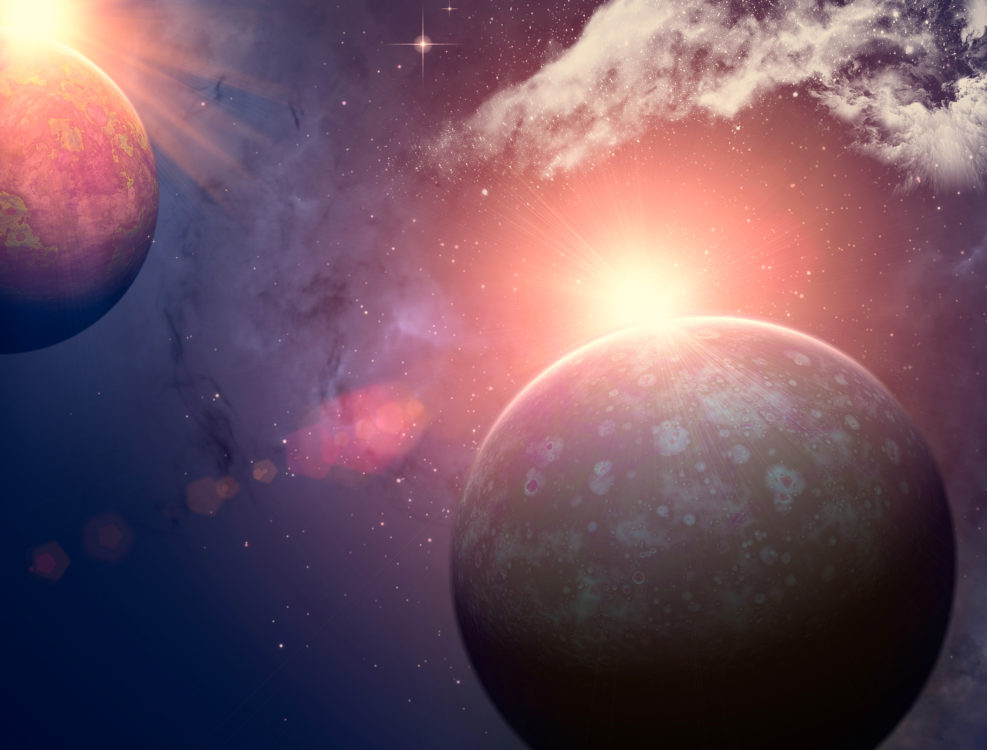 Exploration of new worlds, space and universe, new galaxies. Planets in backlight. Exoplanets. Solar systems. 3d rendering