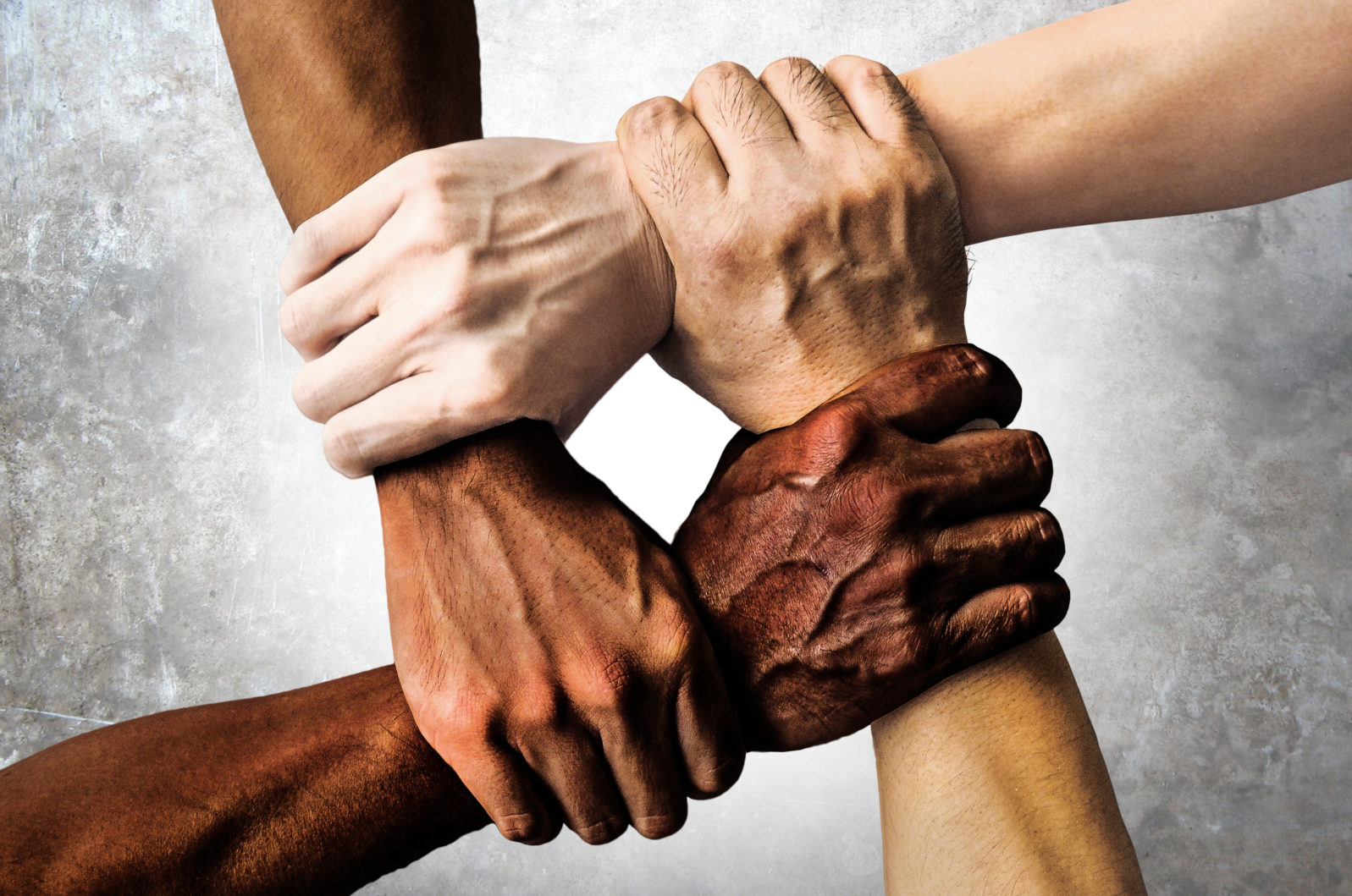 multiracial group with black african American Caucasian and Asian hands holding each other wrist in tolerance unity love and anti racism concept