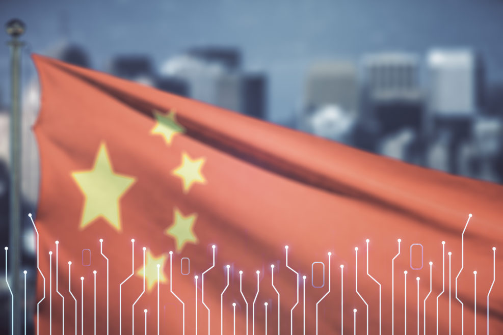 Abstract virtual microscheme illustration on flag of China and blurry cityscape background. Big data and database concept. Multiexposure