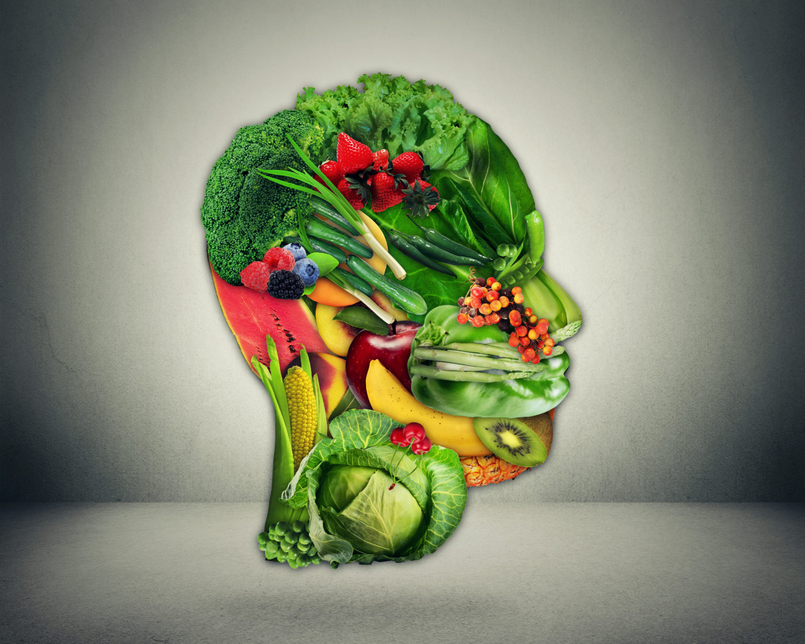 Healthy lifestyle choice. Fresh vegetables and fruit shaped as human head