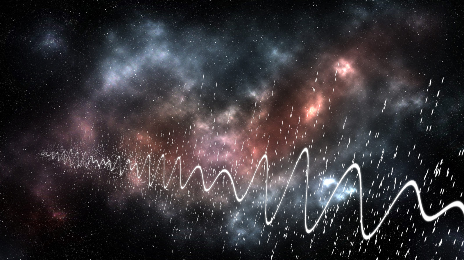 Sci-fi concept image illustration. Unknown origin radio signal waves coming out from deep cosmos space in colorful nebula and millions stars with galaxies universe background