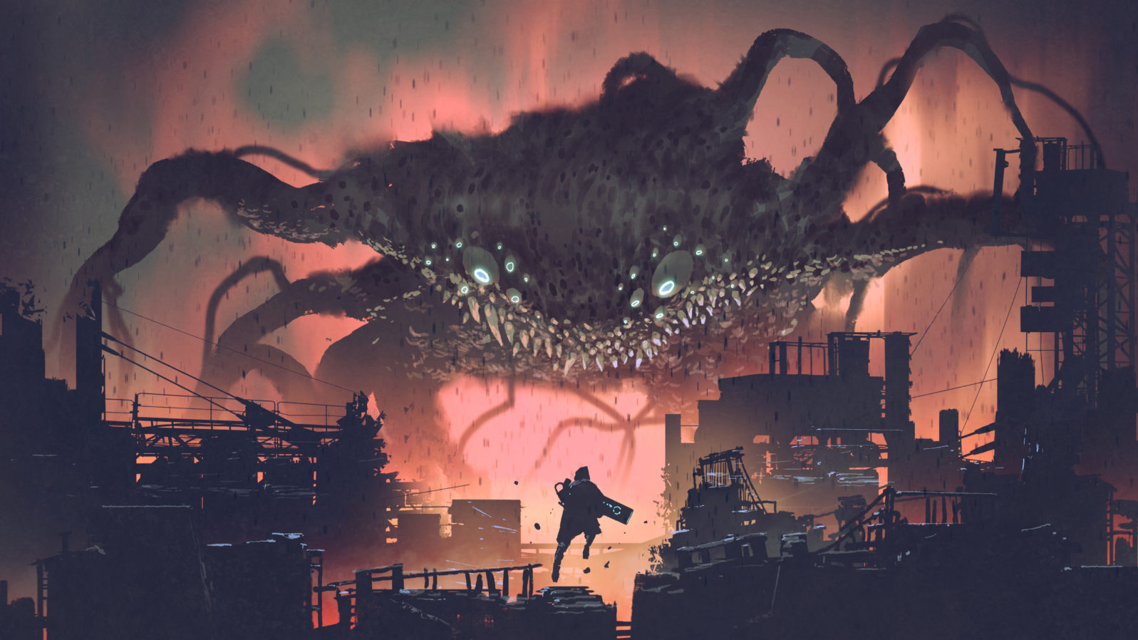 sci-fi scene showing the giant monster invading night city, digital art style, illustration painting