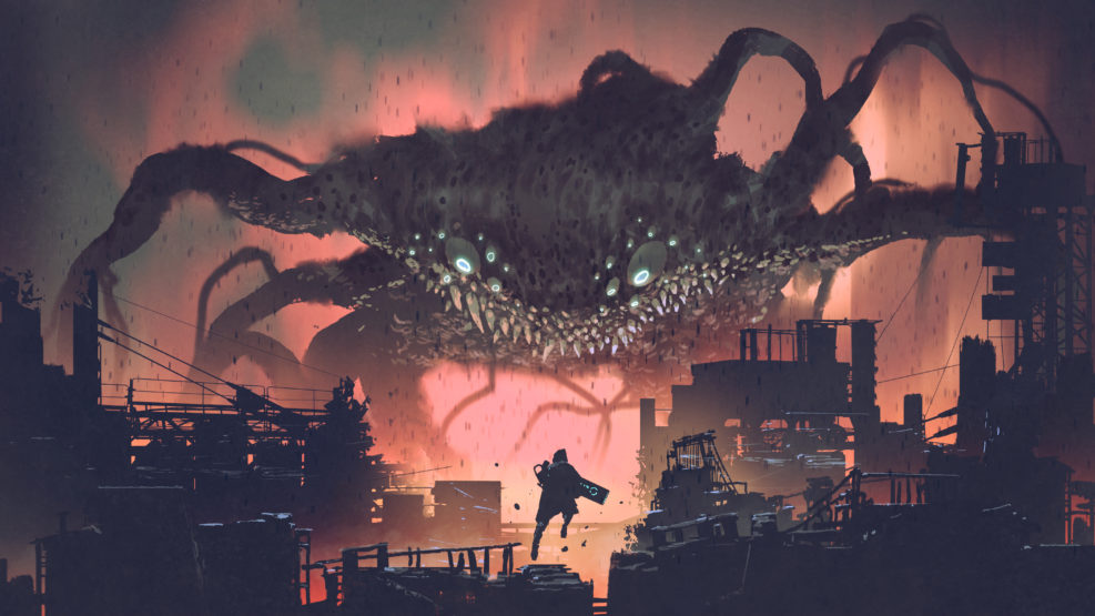 sci-fi scene showing the giant monster invading night city, digital art style, illustration painting