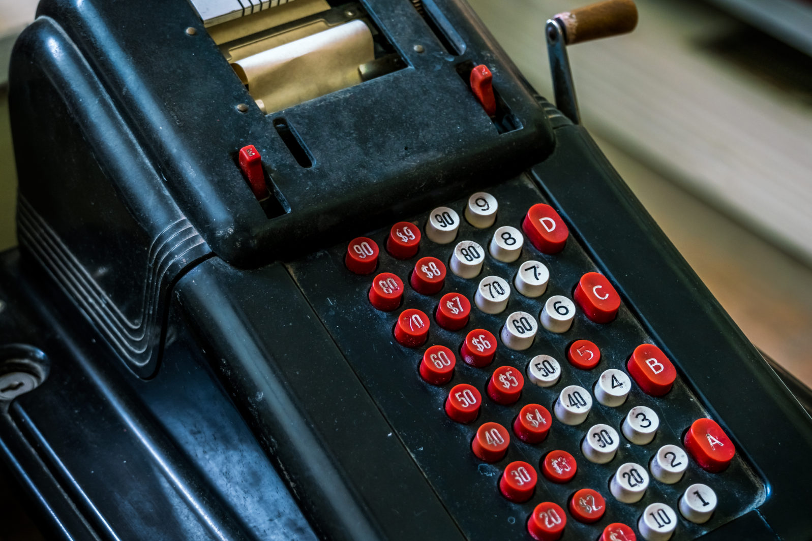 Vintage calculator, close-up, selective focus.