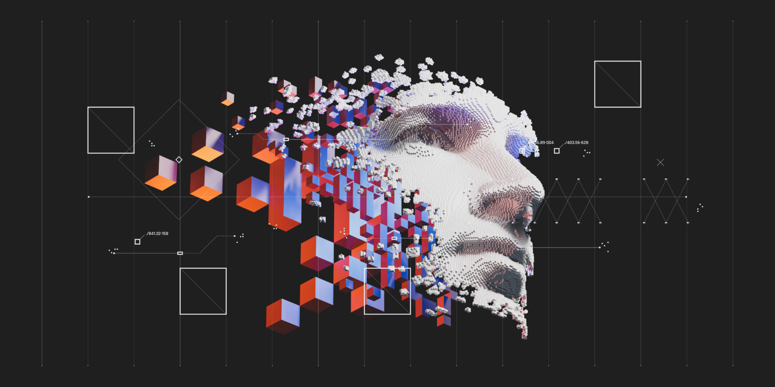 Abstract digital human face.  Artificial intelligence concept of big data or cyber security. 3D illustration