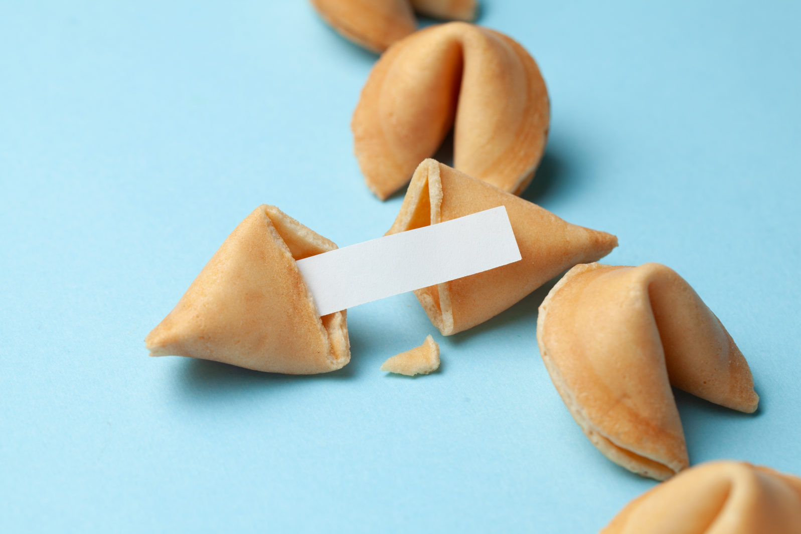 Chinese fortune cookies. Cookies with empty blank inside for prediction words. Blue background.