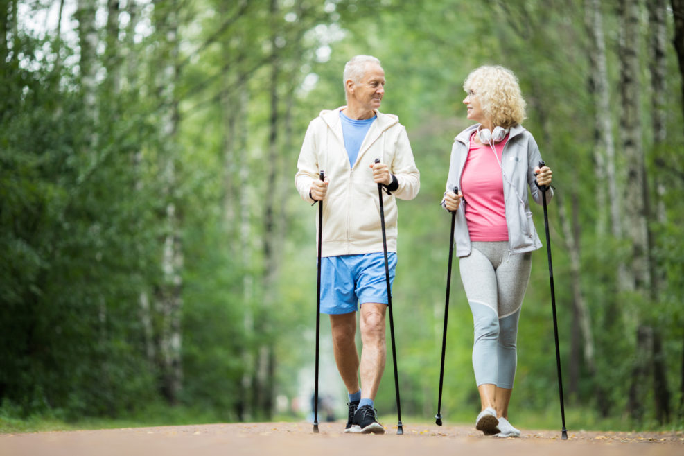 Senior active couple practicing trekking in park among green trees on summer weekend
