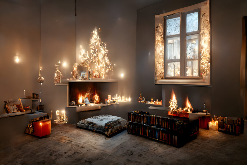cozy domestic christmas interior with window, bed, candles and fireplace - neural network generated art, picture produced with ai in 2022