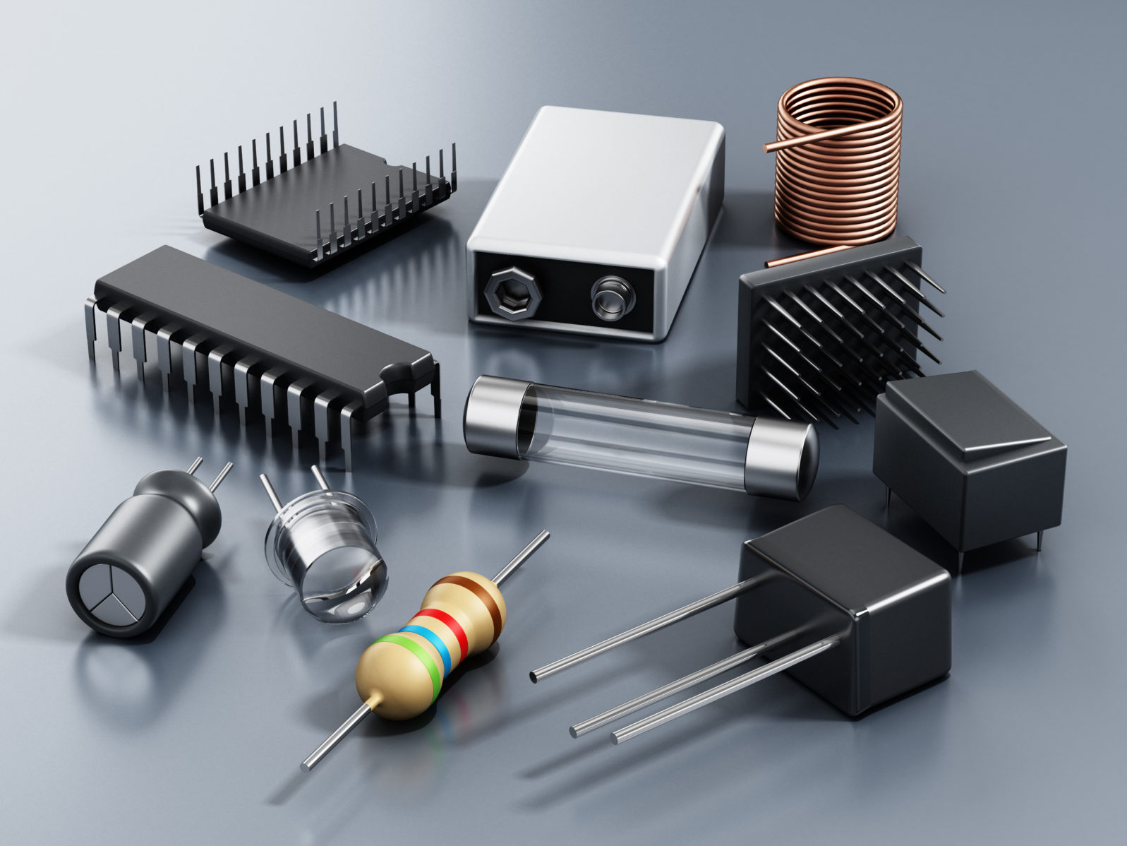 Spare electronic parts isolated on gray background. 3D illustration