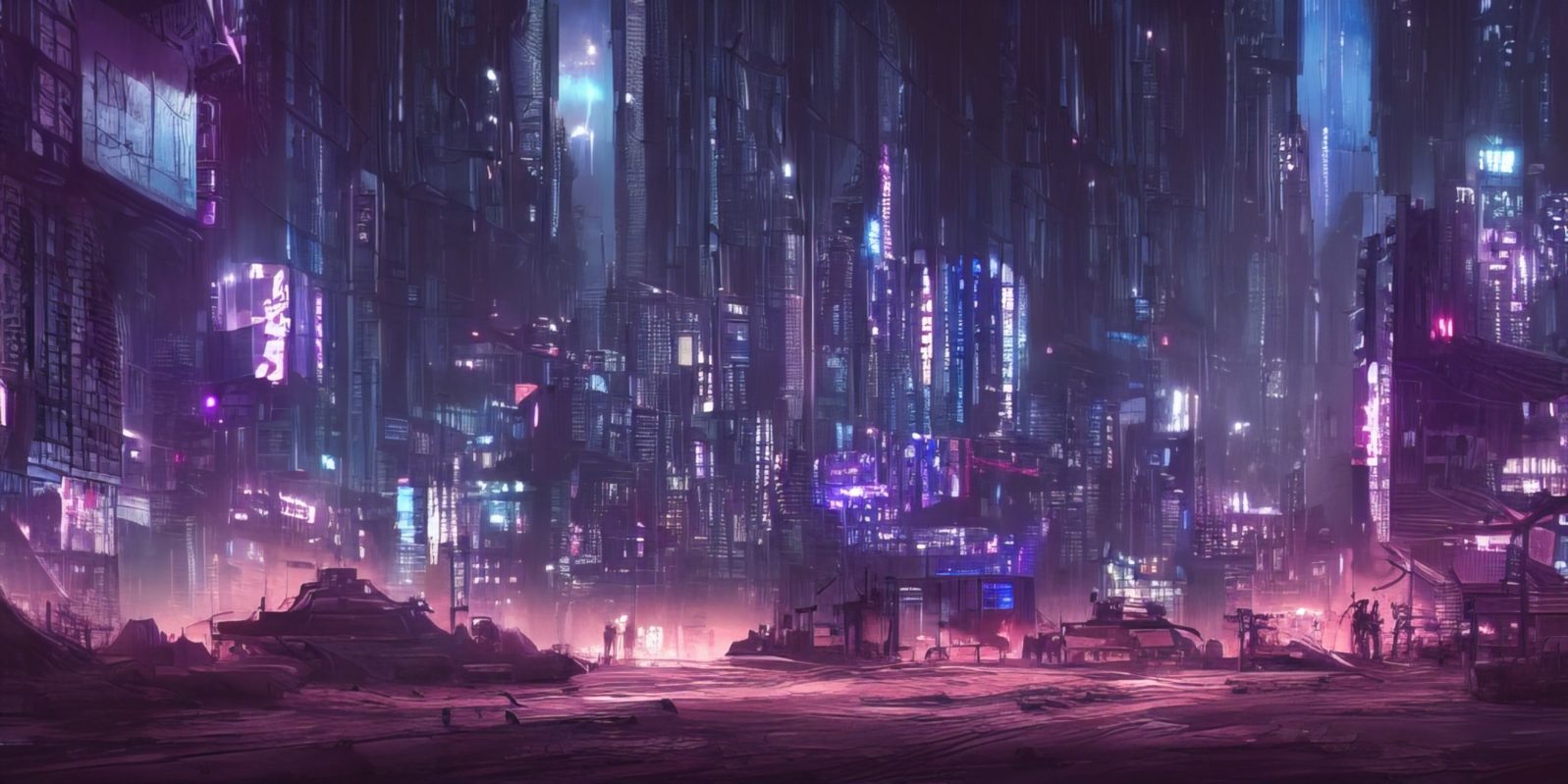 Dystopian futuristic cyberpunk city at night in a neon haze. Blue and purple glowing neon lights. Urban wallpaper. 3D illustration.