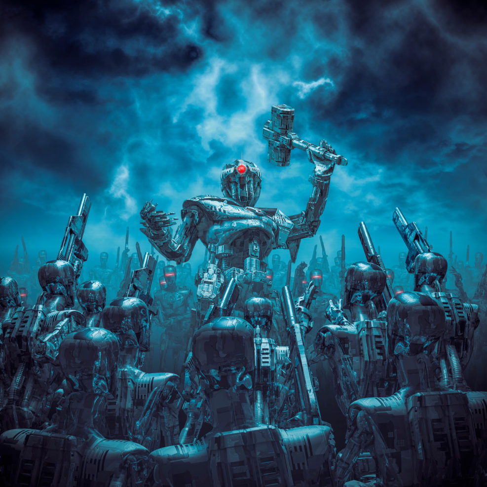 Once more unto the breach / 3D illustration of science fiction scene with robot general holding battle hammer rallying his android troops under a stormy dark sky