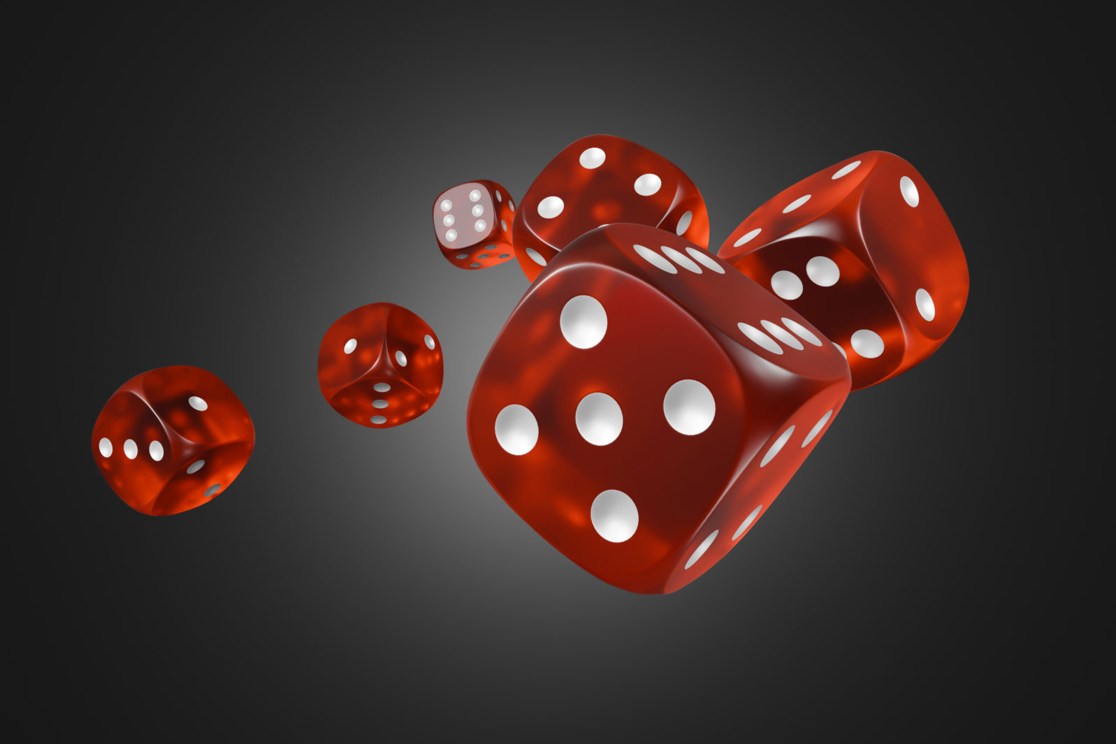 Set of red glass dice isolated on black background. 3d rendering - illustration.